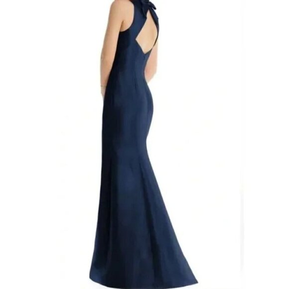New Alfred Sung Size 4 Jewel Neck Bowed Open-Back Trumpet Dress Midnight Blue - Picture 1 of 14